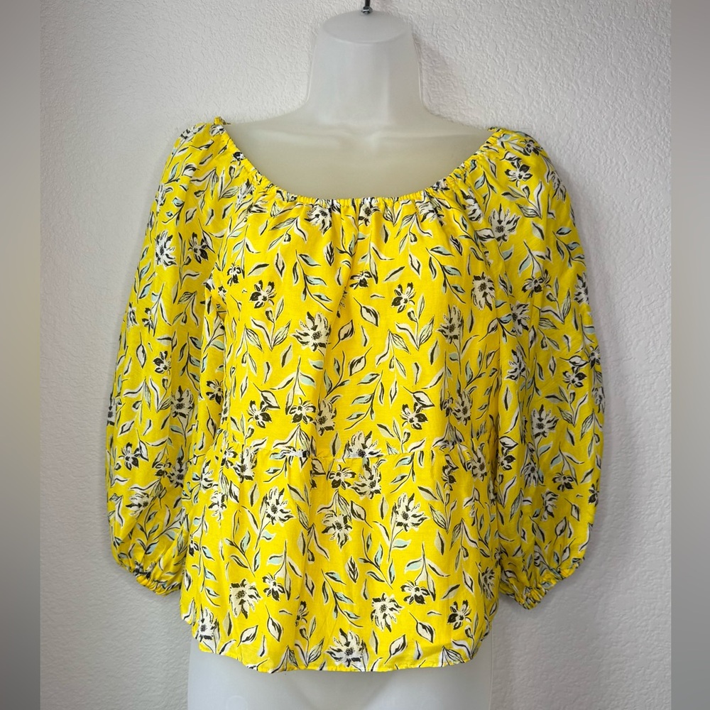 Alice + Olivia Yellow Floral Puff Sleeve Peasant Top S Cotton Silk Boho Blouse